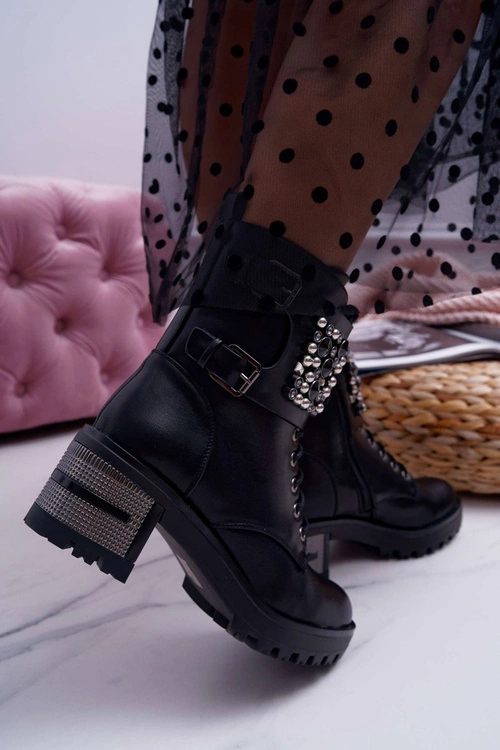 Botki Damskie Wysokie Rock Z Klapą Czarne Infinity