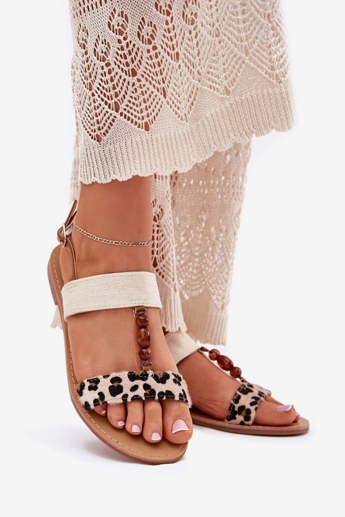 Płaskie Sandały Damskie Z Koralikami Panterka Beżowe Virona