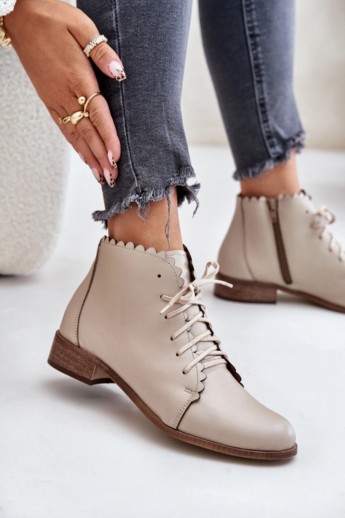 Zazoo 2964 Skórzane Botki Na Płaskim Obcasie Beżowe