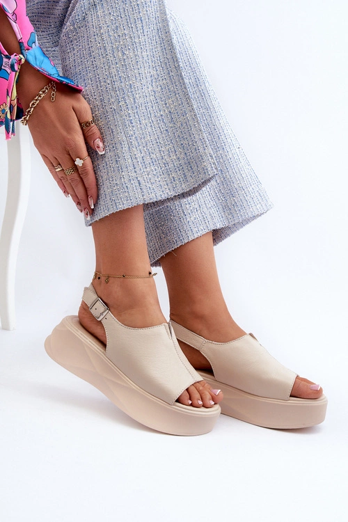 Skórzane Sandały Damskie Na Platformie D&A SJ2301-2 Beżowe