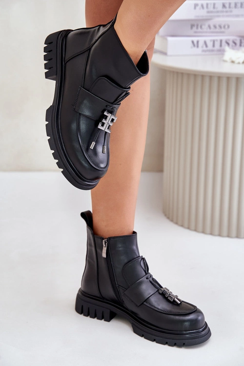 Skórzane Botki Na Płaskim Obcasie Z Ozdobą Ocieplane Czarne Asperra
