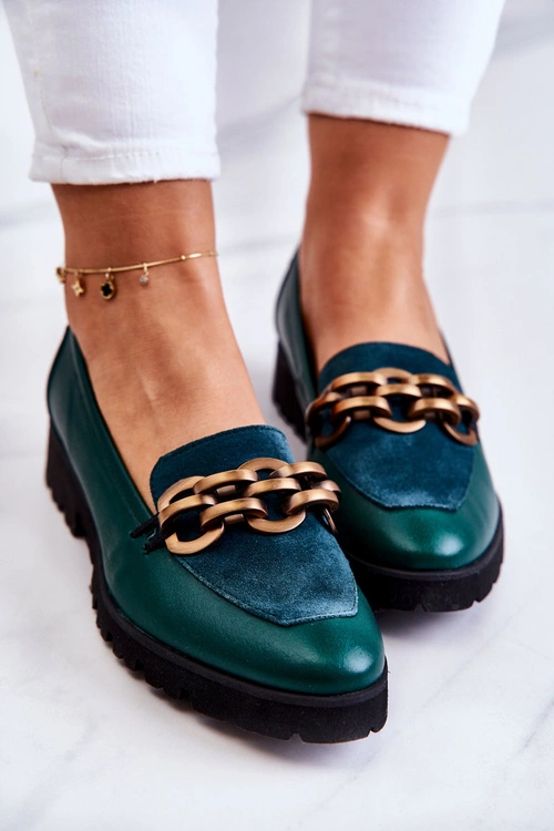 Eleganckie Skórzane Mokasyny Z Łańcuchem Zielone Geneva