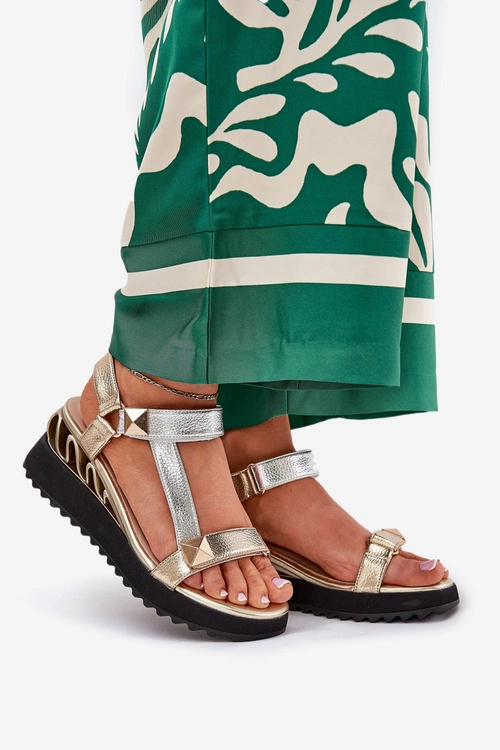 Skórzane Sandały Damskie Na Koturnie D&A CR51-135 Złoto-Srebrne