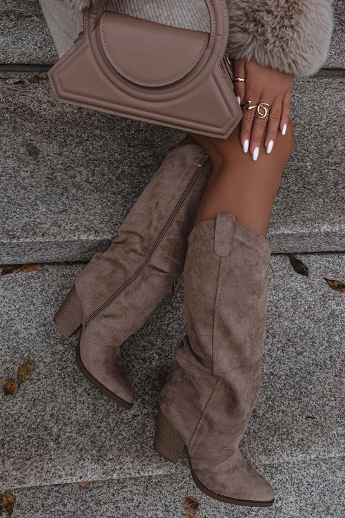 Ocieplane Kozaki Kowbojki Na Słupku Z Eko Zamszu Beżowe Mavine