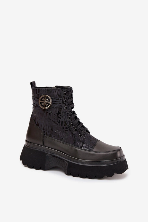 Skórzane Botki Damskie Na Platformie Z Napisami I Ozdobnym Detalem Artiker 57C2273 Czarne