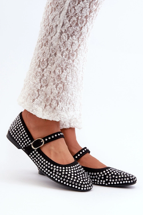 Eko Zamszowe Baleriny Ozdobione Dżetami Czarne Tinara