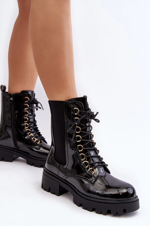 Lakierowane Botki Workery Damskie Czarne Charmea