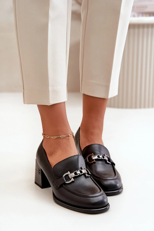 Eleganckie Skórzane Półbuty Damskie Na Słupku Czarne Vinceza 91116