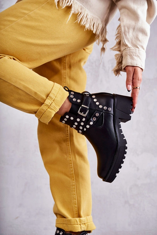 Skórzane Damskie Botki Z Ozdobnymi Ćwiekami Czarne Sanchez