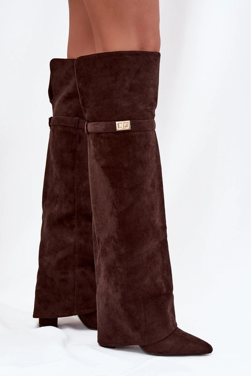 Ocieplane Kozaki Z Wywiniętą Cholewką Za Kolano Obcas Słupek Czekoladowe Serelle