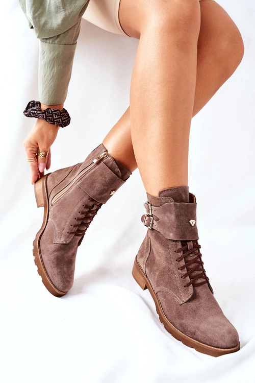 Damskie Skórzane Welurowe Botki Nicole 2682 Brązowe