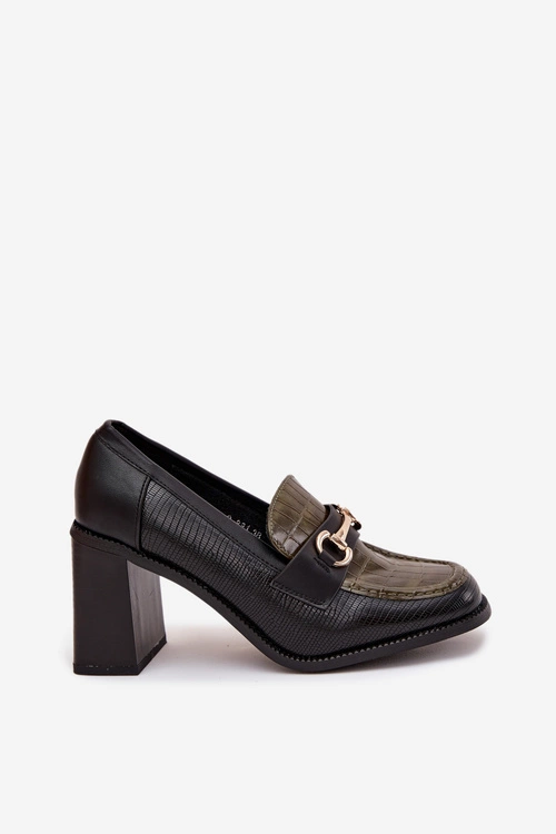 Półbuty Damskie Na Słupku Z Tłoczeniem I Złotym Detalem Zielono-Czarne Novella