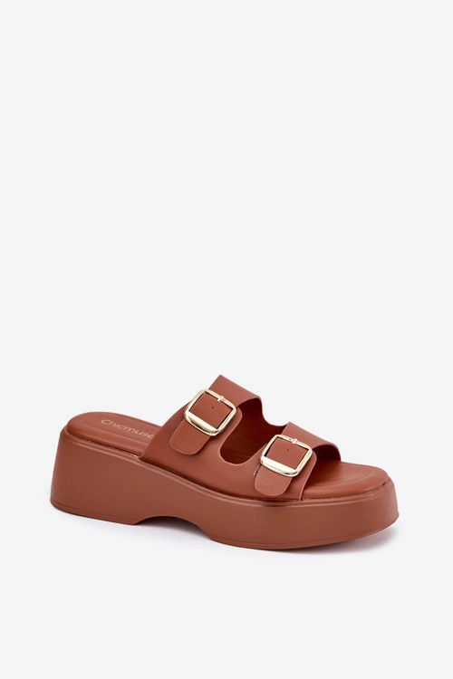 Klapki Damskie Na Koturnie I Platformie Z Klamrami Camel Nitarelia