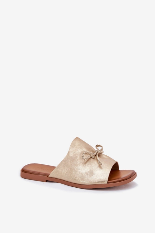 Klapki Damskie Na Płaskim Obcasie Z Ozdobnym Wiązaniem Złote Norela