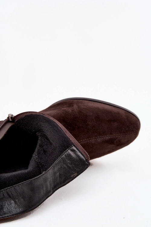 Botki Damskie Z Naturalnego Zamszu Na Klocku Ocieplane D&A CR52-651 Czekoladowe