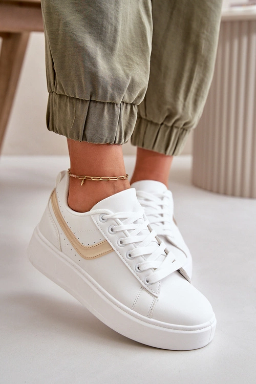 Trampki Sneakersy Damskie Na Platformie Z Eko Skóry Biało-Złote Brennessa