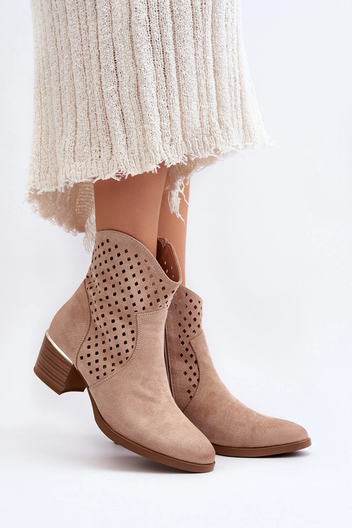 Ażurowe Botki Na Niskim Obcasie Beżowe Cilvana