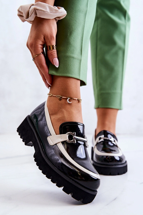 Lakierowane Damskie Półbuty Loafery Czarno-Białe Cassida