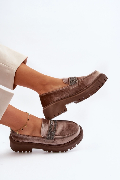 Damskie Welurowe Mokasyny Z Ozdobą Brązowe Wendreda