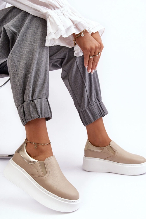 Skórzane Buty Sportowe Damskie na Platformie Beżowe Lemar Manish