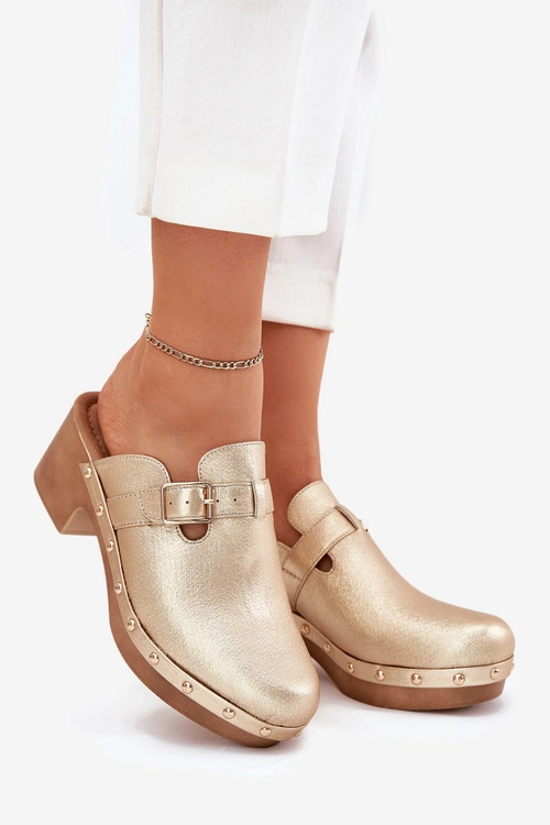 Klapki Chodaki Damskie Na Obcasie Z Klamrą Złote Veldexina