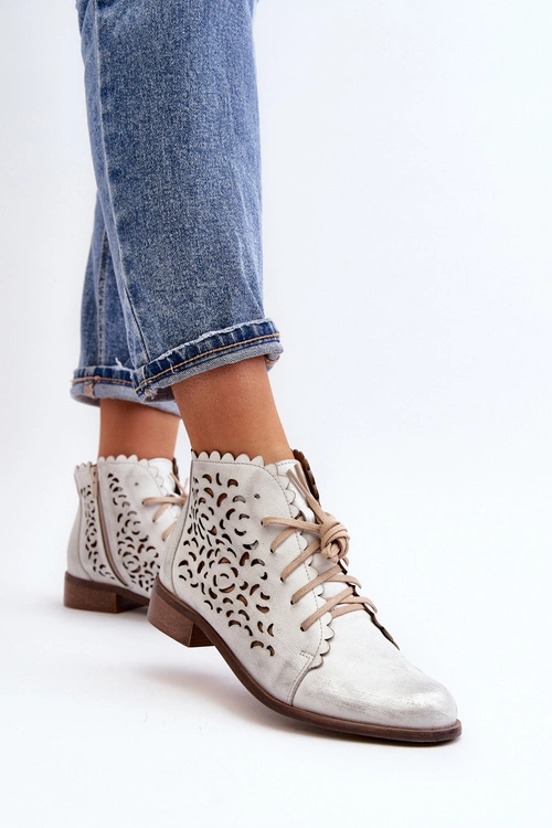 Zazoo 2871 Ażurowe Botki Damskie Sznurowane Srebrne