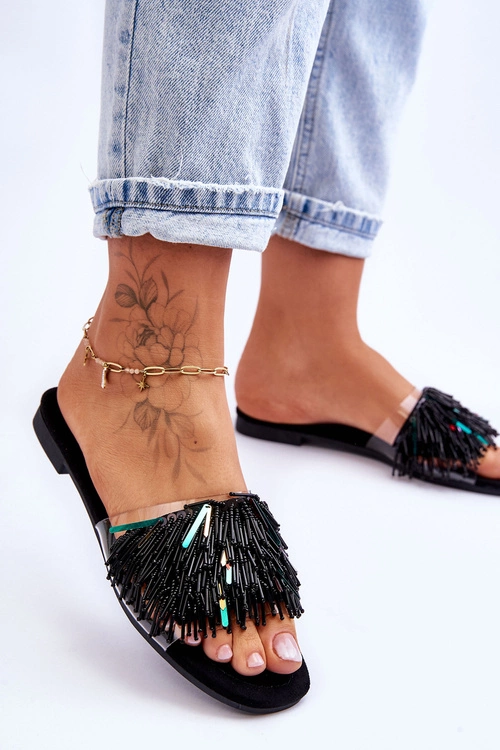 Damskie Klapki Z Modnymi Ozdobami S.Barski KV-576-4 Czarne