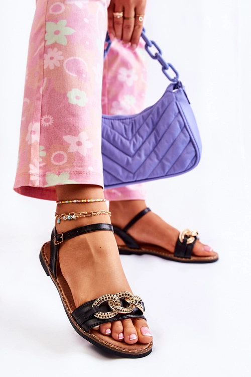 Damskie Sandałki Na Płaskim Obcasie Z Łańcuchem Czarne Minevra