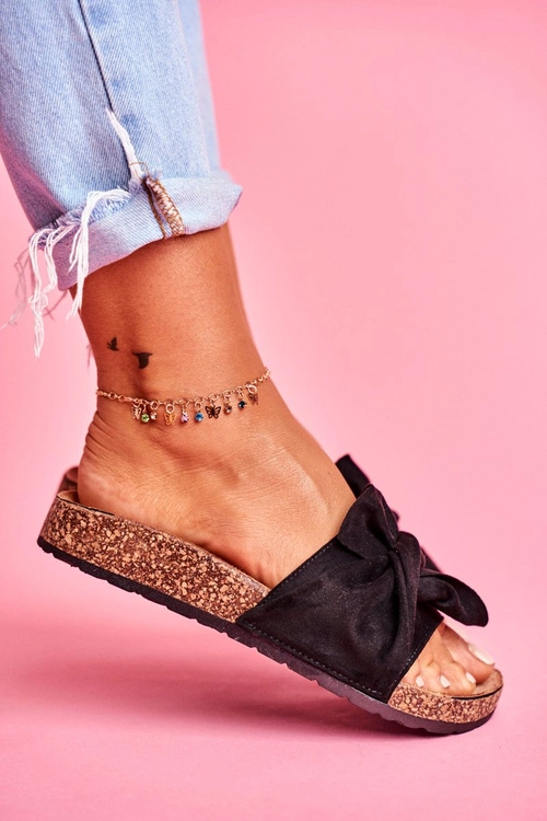 Damskie Klapki Na Korku Kokardki Czarne Felis