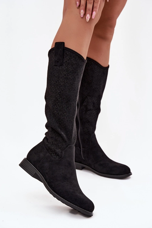 Kozaki Damskie Ażurowe Na Płaskim Obcasie S.Barski HY52-534 Czarne