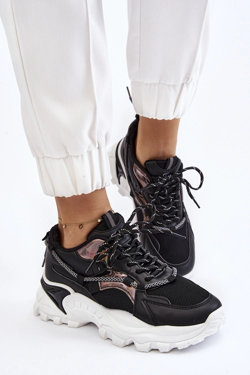 Damskie Buty Sportowe Sznurowane Na Platformie Czarne Minea