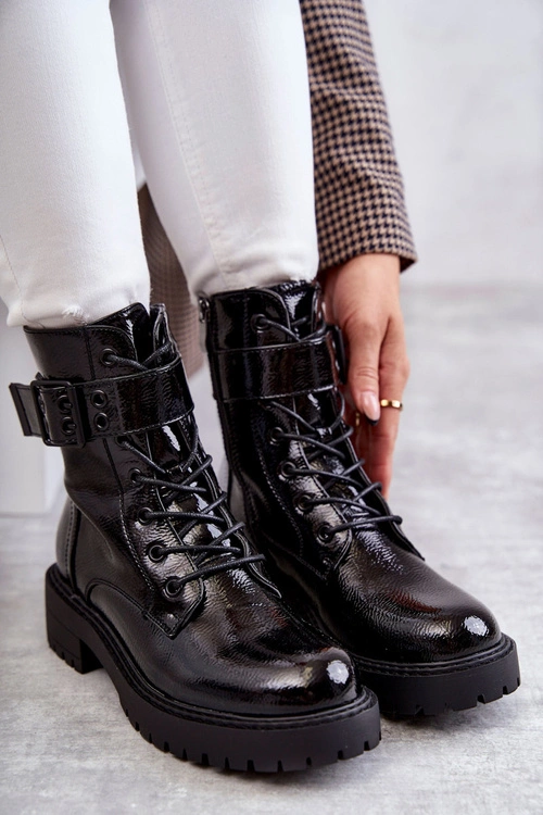 Damskie Botki Lakierowane Sznurowane Na Płaskim Obcasie Czarne Firmina