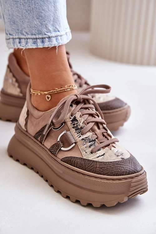 Skórzane Sneakersy Damskie Na Platformie Maciejka 06562-10 Ciemnobeżowe