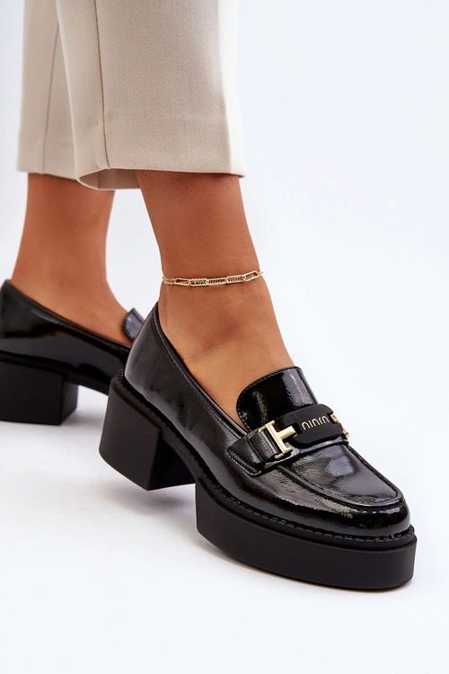 Damskie Lakierowane Mokasyny Na Masywnym Obcasie Czarne Ridulvi