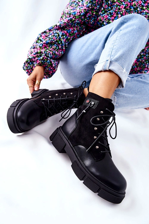 Skórzane Botki Workery Wiązane Czarne Your Way!