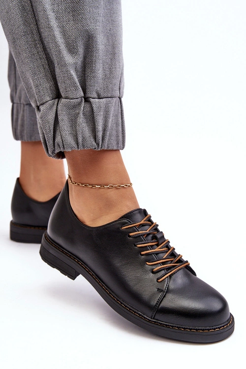 Sznurowane Skórzane Damskie Półbuty Czarne Nakera