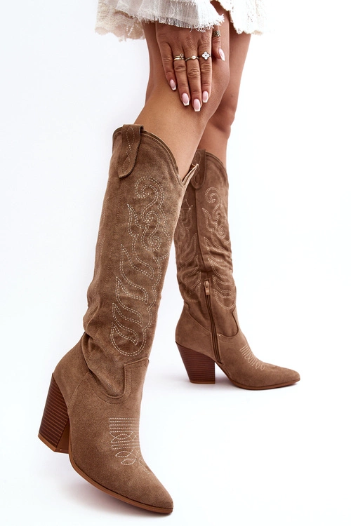 Damskie Kozaki Kowbojki Na Obcasie Beżowe Tomani