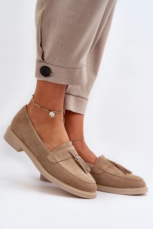 Zazoo 3420 Zamszowe Mokasyny Damskie Na Płaskim Obcasie Beżowe