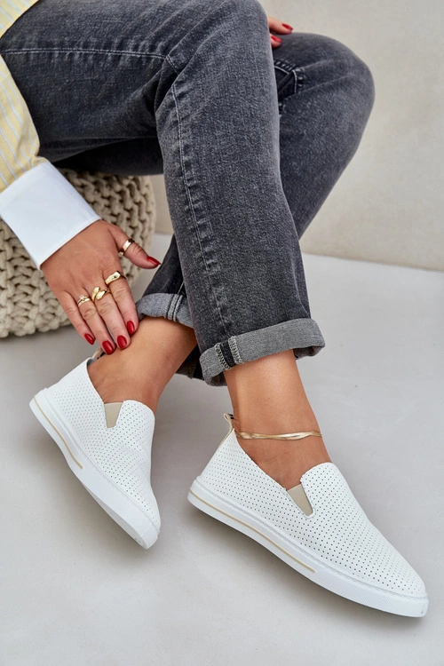 Wsuwane Eko Skórzane Damskie Tenisówki Trampki Z Napisem Jasnobeżowe Zalinne