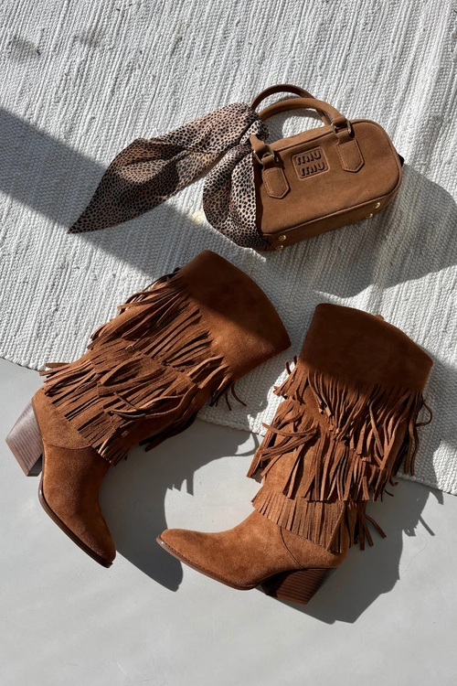 Ocieplane Kozaki Kowbojki Damskie Z Frędzlami Camel Brivina