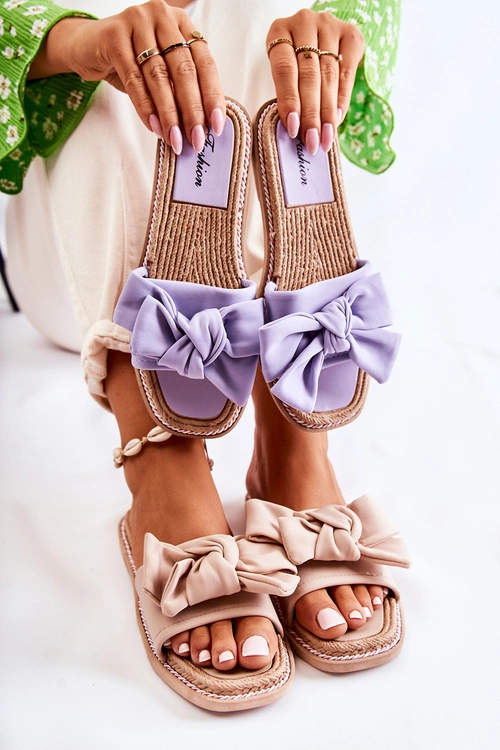 Damskie Klapki Z Materiałową Kokardą Fioletowe Ginna