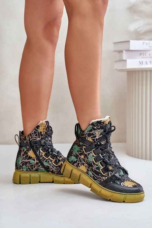 Skórzane Płaskie Sznurowane Botki Maciejka 06158-07 Żółto-Czarne