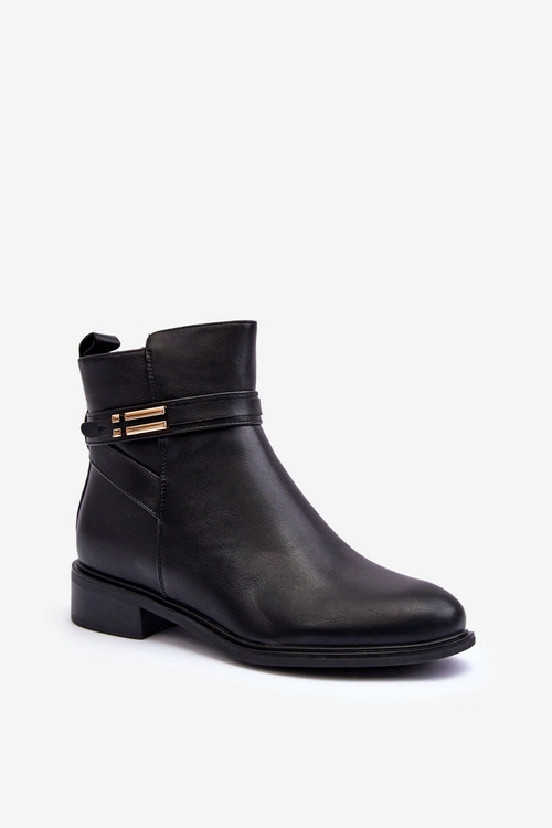 Skórzane Damskie Botki Na Płaskim Obcasie Czarne Lucadi