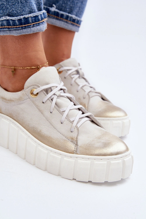 Zazoo 2919 Damskie Skórzane Półbuty Na Grubej Podeszwie Złote