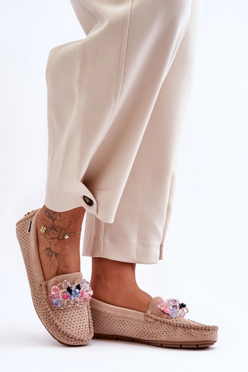 Modne Zamszowe Mokasyny Z Ozdobami Beżowe Delima