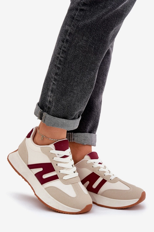 Buty Sportowe Damskie Na Platformie Beżowo-Bordowe Emidi