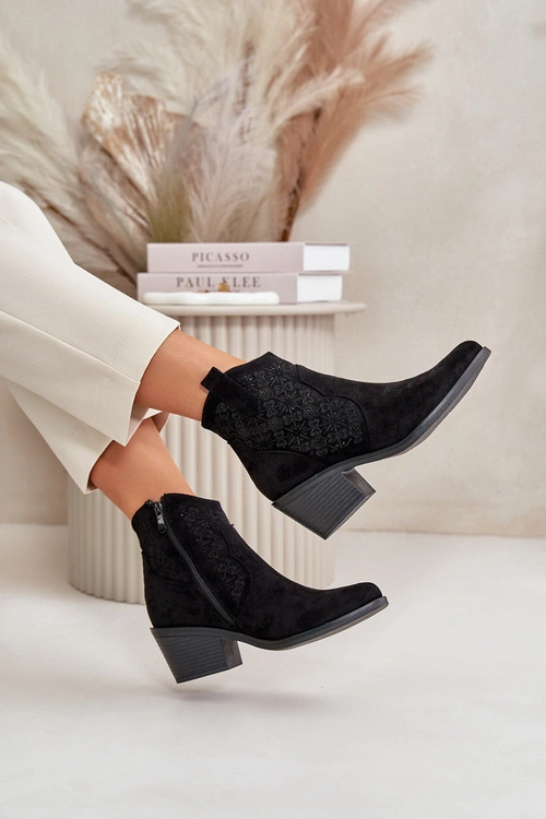 Ażurowe Botki Kowbojki Na Zamek Eko Zamszowe Czarne S.Barski HY42-944