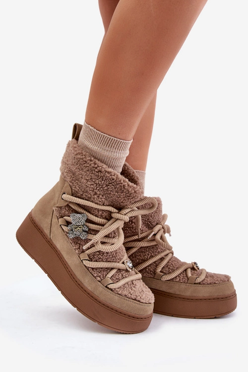 Śniegowce Damskie Z Przypinkami I Futerkiem Typu Baranek Brązowe Almatiza