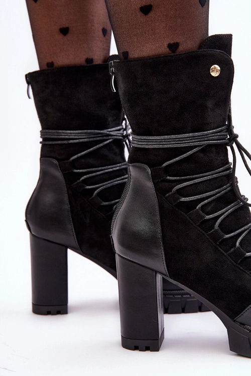 Damskie Botki Na Słupku Z Wiązaniem Czarne Artie