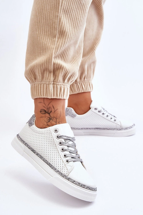 Niskie Damskie Trampki Z Perforacją Biało-Srebrne Daxton